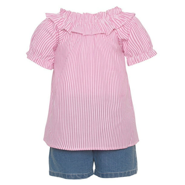 Girls Pink Little Striped Short Sleeve Shirt 2 Pc Denim Shorts Outfit 2T-6X 